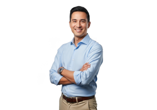 A smiling man with arms crossed wearing a light blue collared shirt and tan pants isolated on transparent background - Powered by Adobe