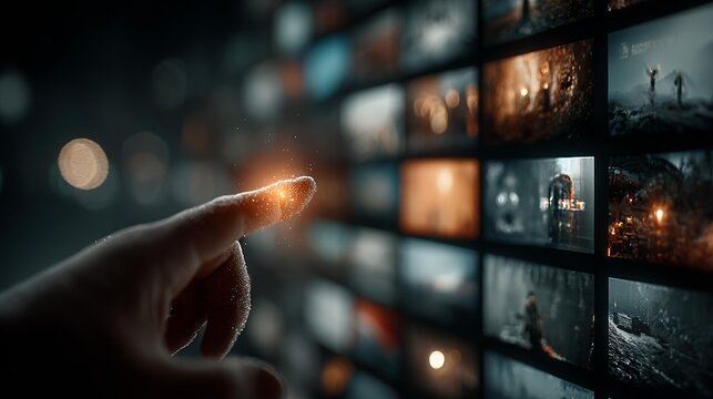 Interactive finger touching a digital screen displaying various cinematic content, perfect for movie streaming services and film production