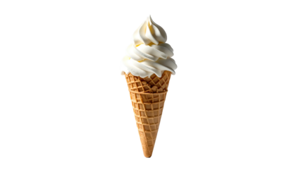 Vanilla soft serve swirling in a waffle cone against black