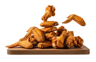 Crispy fried chicken wings on a wooden board transparent background cutout png