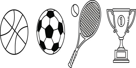 Sports equipment vector line icon set, a collection of sports related items in outline style