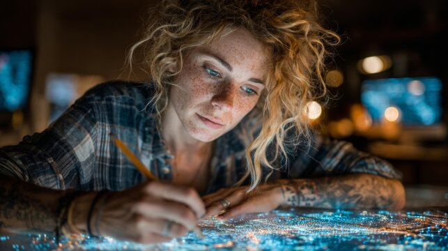 Intense focus as a creative professional meticulously works on a detailed project with glowing city lights