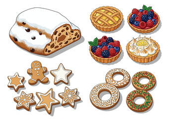 An assortment of various baked goods, including cakes, tarts, and cookies.