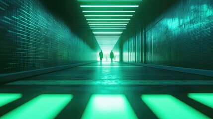 Silhouettes walking through futuristic green glowing corridor