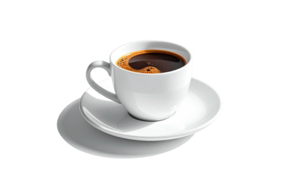 Steaming dark coffee fills white cup on saucer, black background