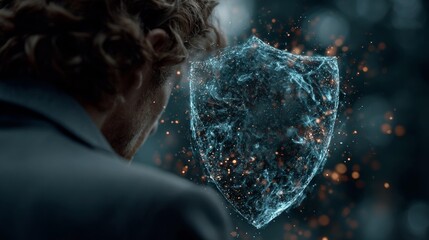 Man observing glowing digital shield, symbolizing data protection and cybersecurity, safeguarding against threats in a modern world