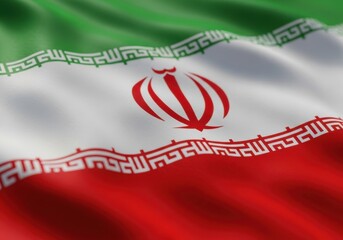 Closeup of the national flag of iran, featuring the emblem and kufic script, waving in the wind