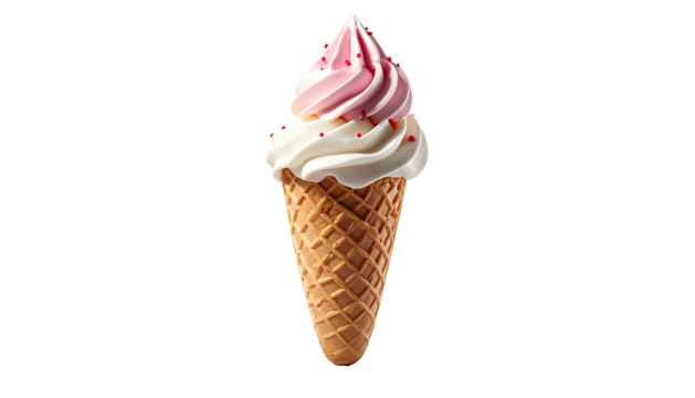 Swirled ice cream cone, pink and white, red sprinkles