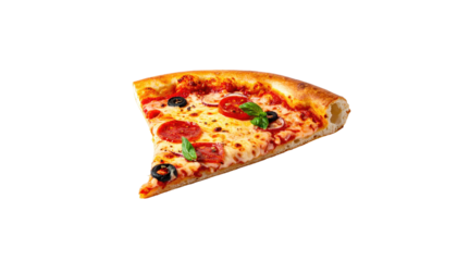 Slice of pizza topped with pepperoni, olives, and basil.