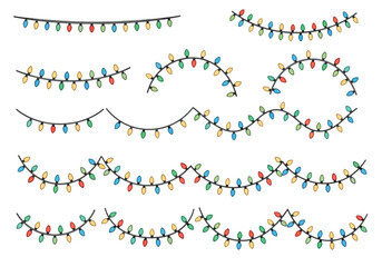 Collection of colorful string lights arranged in various curved and straight lines.