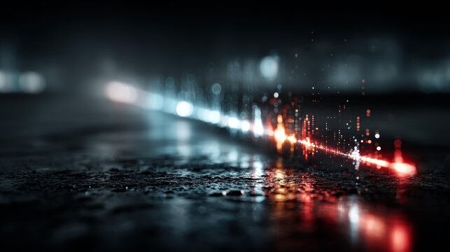 Dynamic light trails and bokeh illuminate a dark, wet surface, perfect for technology and modern design concepts