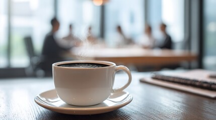 Coffee Cup on Table Meeting in Background Business Break Concept. High quality