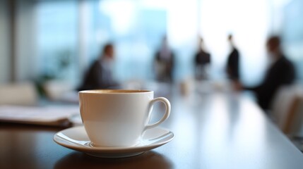 Coffee Cup on Table Meeting in Background Business Break Concept. High quality