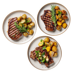 Grilled beef steaks with roasted potatoes and herbs on plates