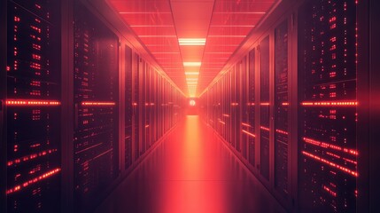 Server room corridor with red glowing big data racks