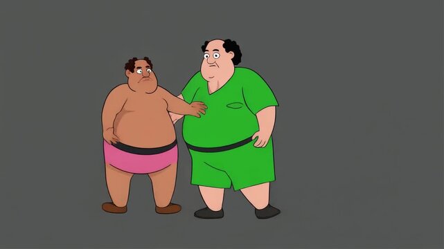Two large cartoon men one in a sumo wrestling loincloth and the other in a green shirt