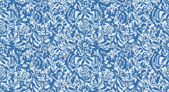 Classic blue and white floral damask seamless pattern with vintage ornamental design