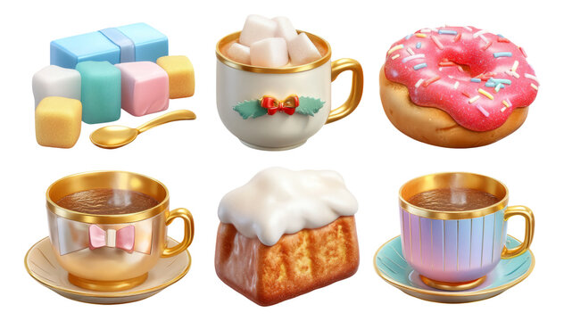 Colorful Dessert Collection Featuring Cups, Donuts, and Sweet Treats on Transparent Background