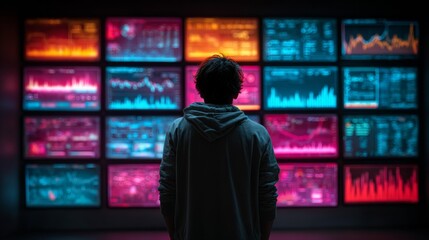 Young programmer engrossed in complex data streams on multiple glowing monitors, analyzing financial markets and digital information.