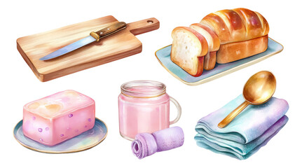 Wooden Cutting Board with Knife, Slices of Bread and Kitchen Items on Transparent Background