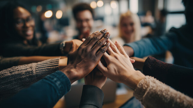 Diverse group of people stacking hands together in a meeting for teamwork and unity