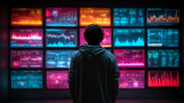 Young programmer engrossed in complex data streams on multiple glowing monitors, analyzing financial markets and digital information.
