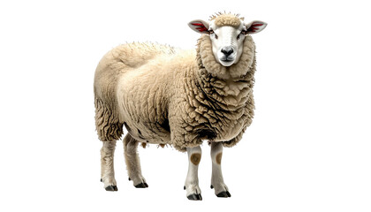 Fluffy sheep stands, facing forward, against black backdrop
