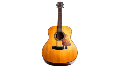 Acoustic guitar stands centered, lit warmly, on black