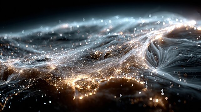 Stunning abstract digital landscape with glowing energy flow and bright lights, representing data, network, or cosmic connections