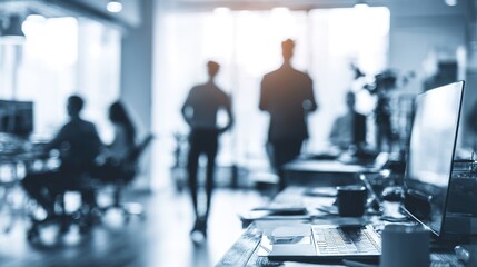 blurred office background with business team working on project professional workplace concept. High quality