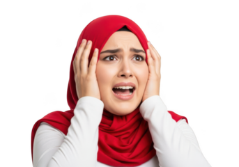 Young muslim woman wearing a red hijab expressing intense fear and shock with hands on her head isolated on transparent background