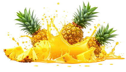 Pineapple splash with slices and whole fruit against black backdrop