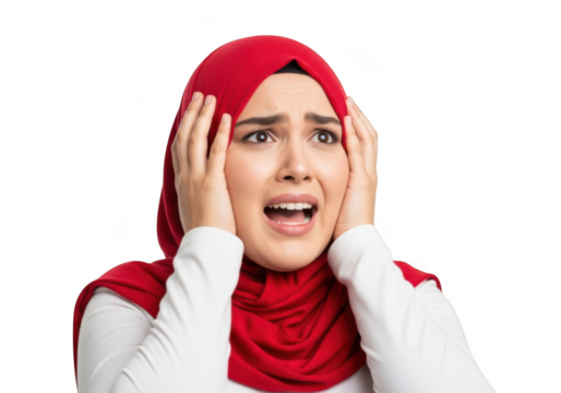 Young muslim woman wearing a red hijab expressing intense fear and shock with hands on her head isolated on transparent background