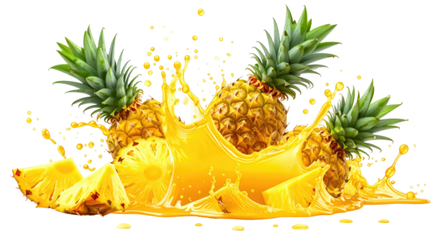 Pineapple splash with slices and whole fruit against black backdrop