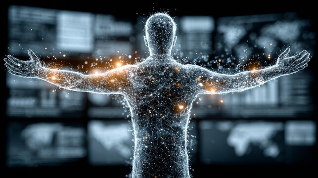 Dynamic digital human form glowing with interconnected data points and vibrant energy, symbolizing AI and future technology