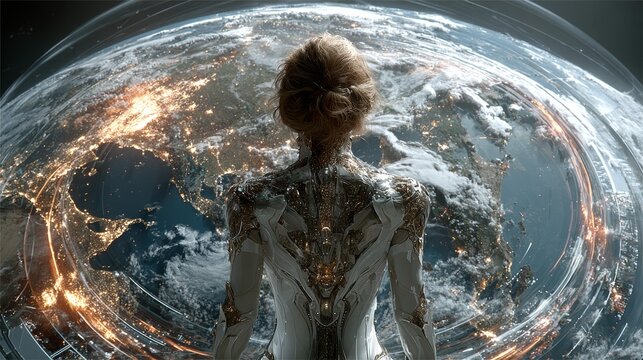 Futuristic woman in advanced cybernetic suit gazes at glowing Earth from orbital station, envisioning future possibilities and global connectivity - Powered by Adobe