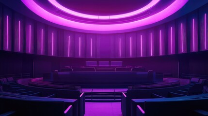 Empty futuristic auditorium with vibrant purple neon lighting