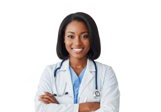 A smiling female medical professional wearing a white lab coat and stethoscope with arms crossed isolated on transparent background