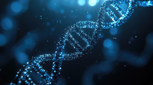 Dna helix structure moving with glowing blue particles