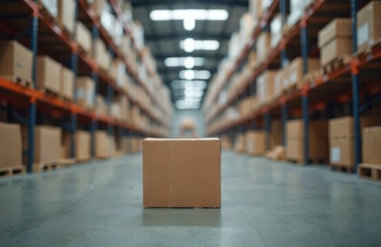 Cardboard box sits on warehouse floor between tall shelves filled with many packages. Rows of goods stacked high on racks inside large distribution center. Inventory neatly organized for shipping.