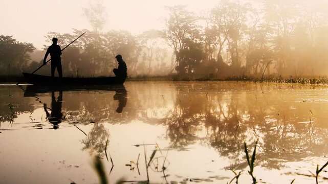 Beautiful view of an asian adult male yong boatman rowing a wooden boat with a bamboo stick across. A man in the middle of the lake Boat during morning fishing close-up Video.