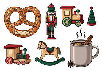 Christmas themed illustration featuring a pretzel, nutcracker, toy trains, tree, rocking horse and a mug of mulled wine.