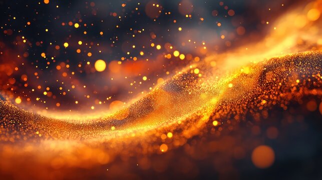 Golden glittering particles forming abstract energy wave