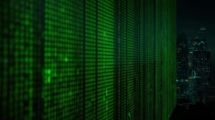 Cyber Cityscape: A mesmerizing digital realm with binary code cascading over a cityscape, illustrating the dynamic synergy of technology and urban development. - Powered by Adobe
