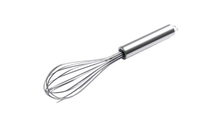 Stainless steel whisk on dark, isolated background