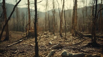 Embers of the Earth: A stark portrayal of a scorched forest landscape, etched with remnants of a fiery event and the silent rebirth of nature.