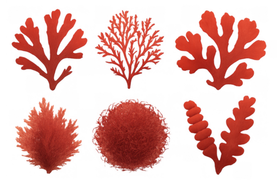 Red ocean plants collection, watercolor marine algae and seaweed elements, underwater flora set, transparent background