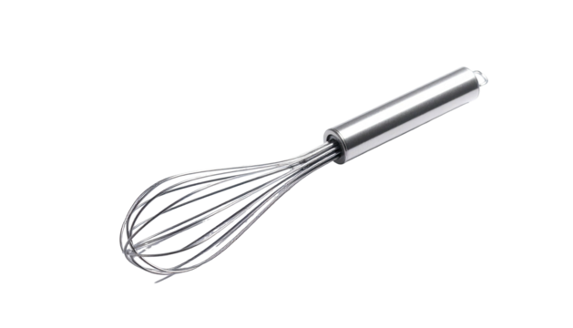 Stainless steel whisk on dark, isolated background