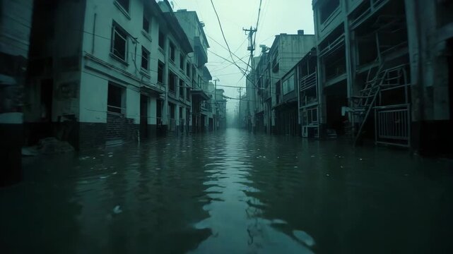 City Under Water: A haunting view of a submerged city street, its buildings reflected in the murky floodwater, evokes a sense of desolation and the destructive power of natural disasters.