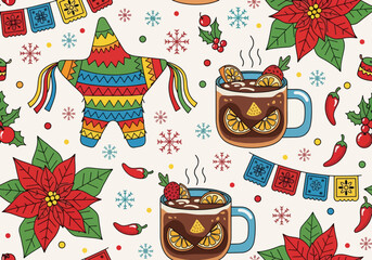 Festive illustration features a colorful piñata, mugs of hot chocolate, and holiday decorations.